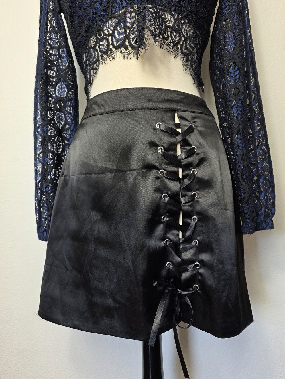 Current Mood Black Satin Lace-Up Mini Skirt